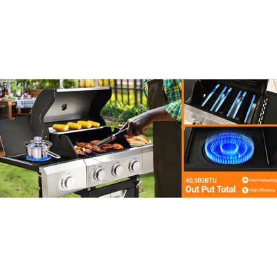 Barbecue à gaz propane 3 brûleurs en acier inoxydable, 40 500 $, profondeur 113,4 cm, couvercle et côtés inclus pour barbecue extérieur et camping, grille de maintien au chaud 530 cm², emballage 24,21 $
