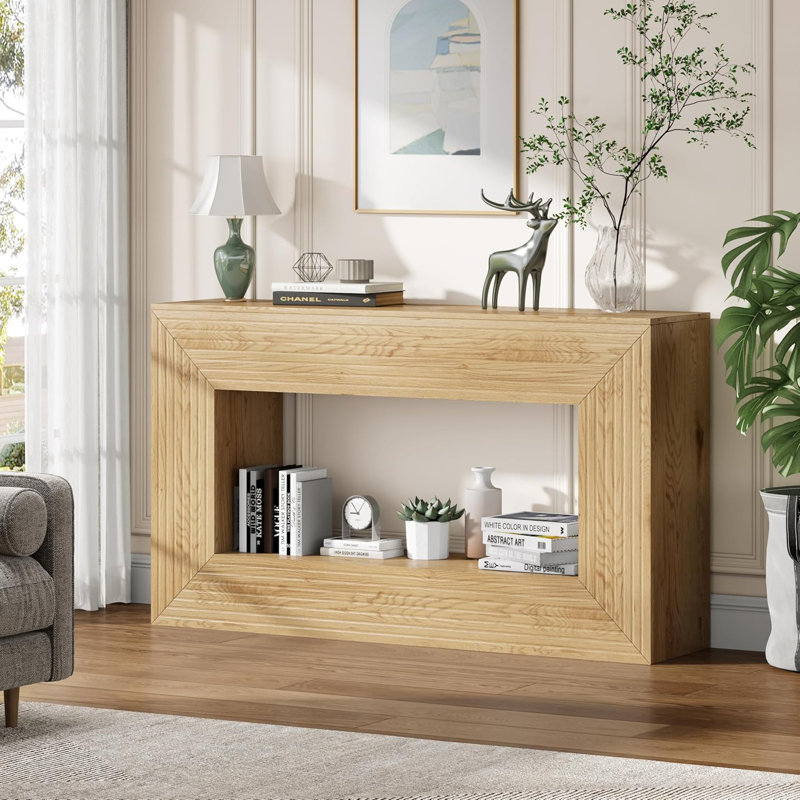 Table console de 55 po, canapé de ferme à 2 niveaux avec rangement derrière le canapé, table d'entrée étroite pour salon, couloir, entrée, vestibule, naturel