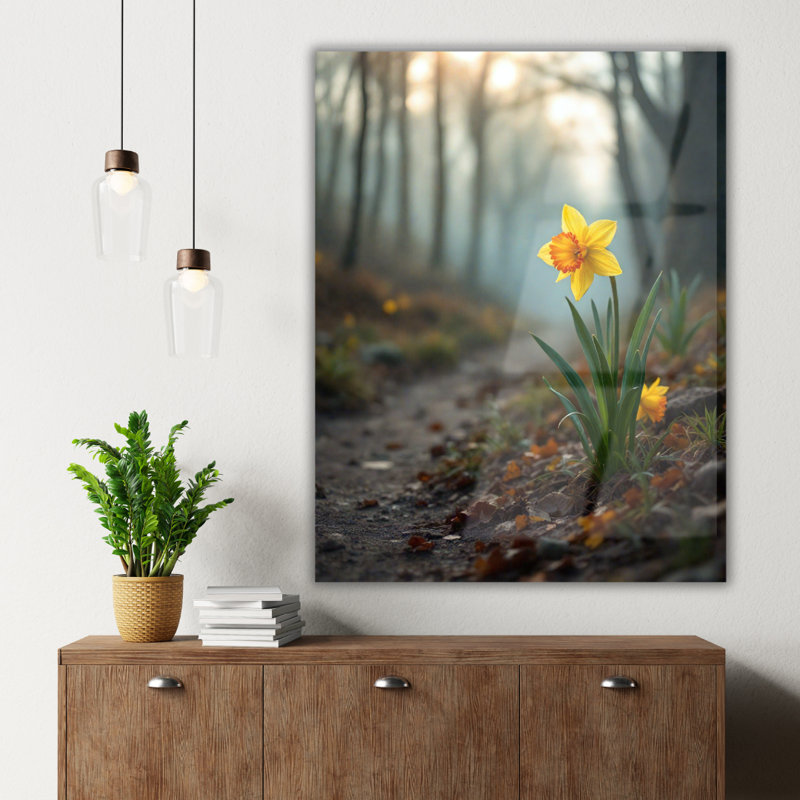 Tableau mural en verre trempé représentant une jonquille jaune, 40" H x 30" W