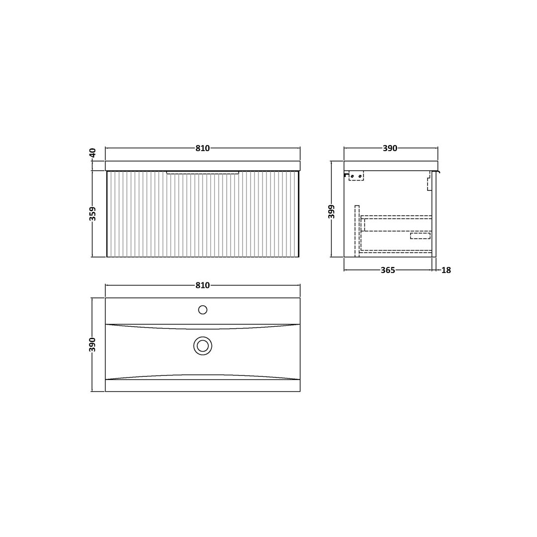 Fluted 810mm Single Bathroom Vanity with Drop In Vitreous China Basin