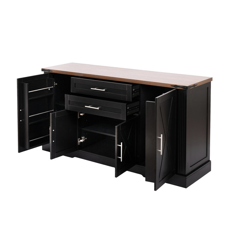 Armoire de 63 po avec 2 tiroirs, support de porte, tablettes réglables pour le salon, buffet, glissières de tiroir lisses, facile à installer, grange noire à 4 portes, cuisine, charnière de haute qualité et coffre-fort