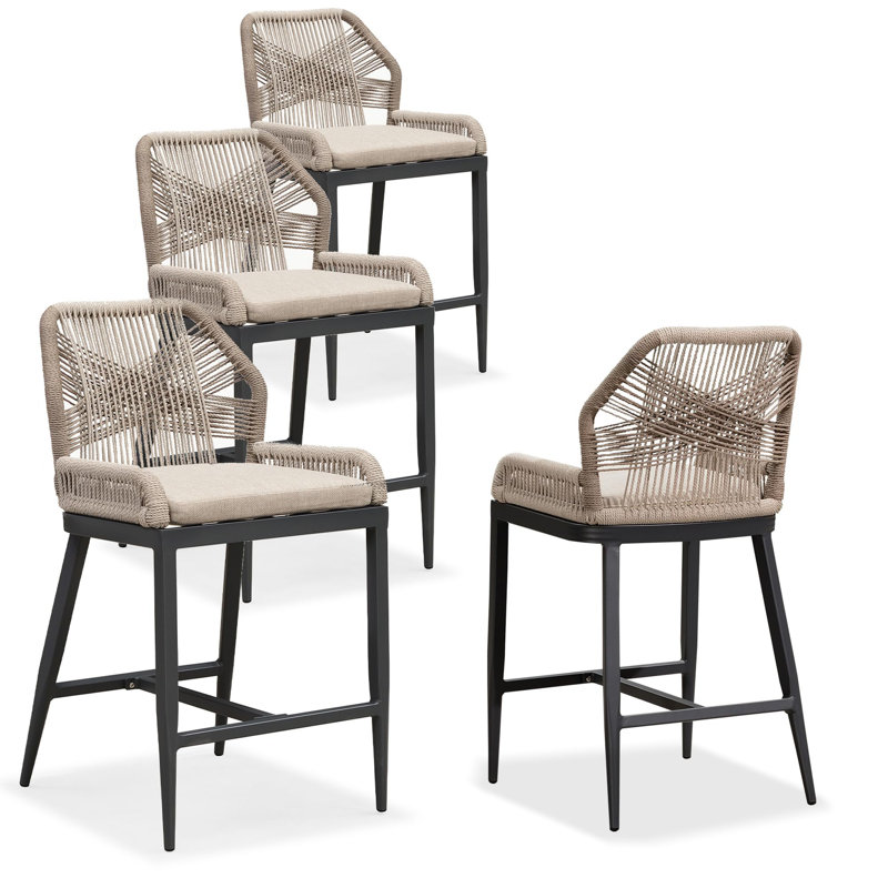 Bar Stools Set Of 4 Outdoor Bar Height Metal Stools Modern Wicker Rattan Barstools With Back Aluminum, 24.8"