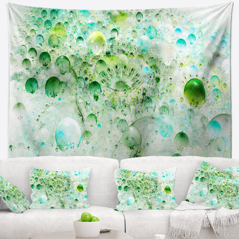 Tapisserie abstrait vert, molécules de couleur fractales, H 50 po x l 60 po