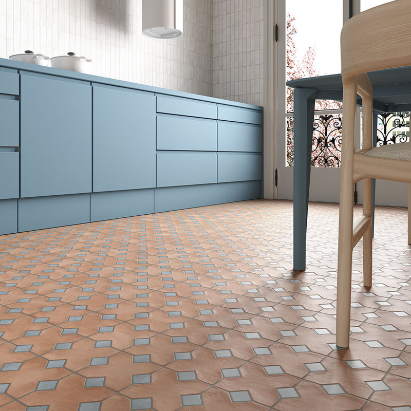 Carreau en porcelaine Cross and Dot, Terre cuite / bleu clair