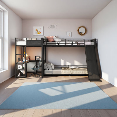 Lit superposé en L en forme de L (lit supérieur: double / double, lit inférieur: grand) avec lit mezzanine simple TG, bureau et tablettes de rangement, lit superposé triple en métal avec glissière, conception compacte et silencieuse