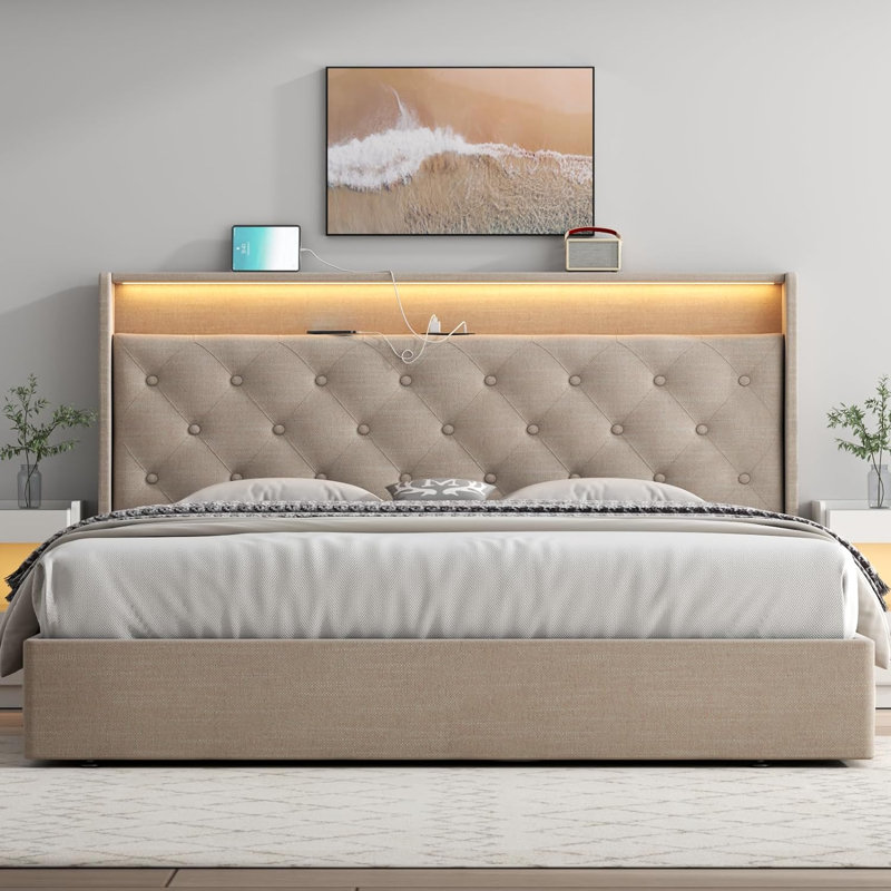 Kadeer Lift Up Bed Frame with Charging Station & LED Light, Upholstered Bed with Button Tufted, King, Beige
