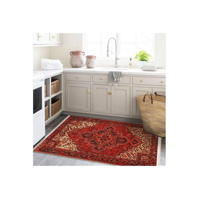 Tapis décoratif lavable rouge à motif traditionnel bohémien, Sous-tapis rectangulaire de 3 pi 3 po x 4 pi 11 po