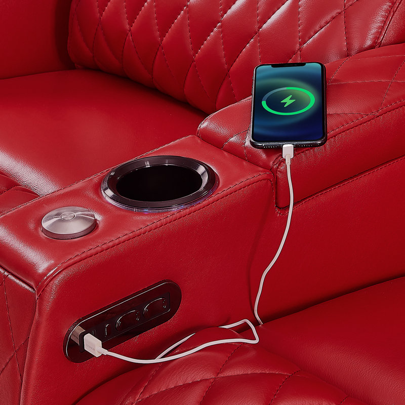 Haiylee Top Grain Leather Zero Gravity Theater Sofa, Red Genuine Leather