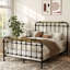 Cadre de lit grand format, noir antique, style transitionnel, accents dorés brossés à la main en métal, 7 broches sur la tête de lit, thermolaqué pour une utilisation dans la chambre à coucher,