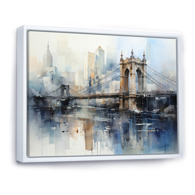 Egisto Blue Bridge Reflection Connections - Imprimé, H 16 po x l 32 po x P 1 po, Cadre flottant blanc