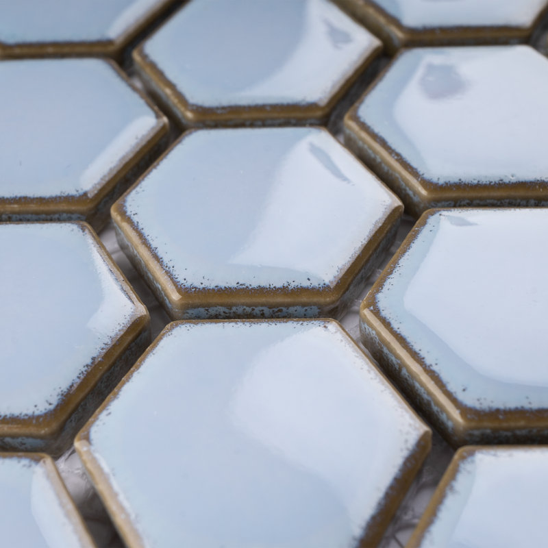 Porcetile Hex 10.24 in. x 11.82 in. Hexagon Glossy Porcelain Mosaic Wall and Floor Tile, Sky Blue