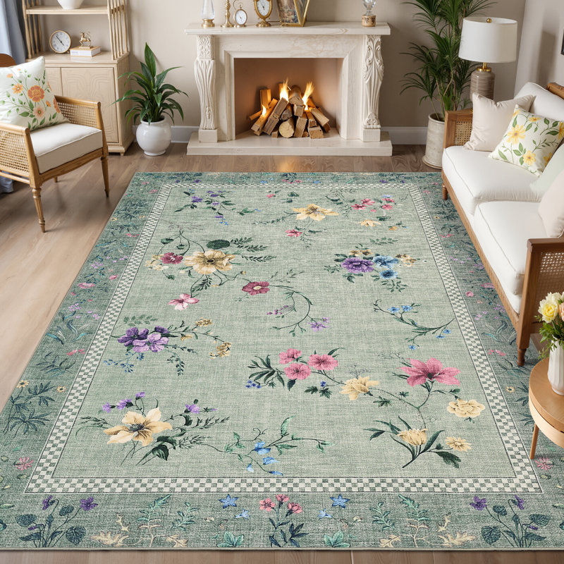 Tapis lavable à la machine Floral, Green, Rectangulaire 8 pi x 10 pi