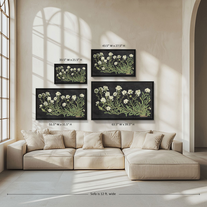 "Vintage Flowers on Black" by Wild Apple Portfolio Print on Canvas in a Black Floater Frame, H 27,5 po x l 43,5 po, Noir
