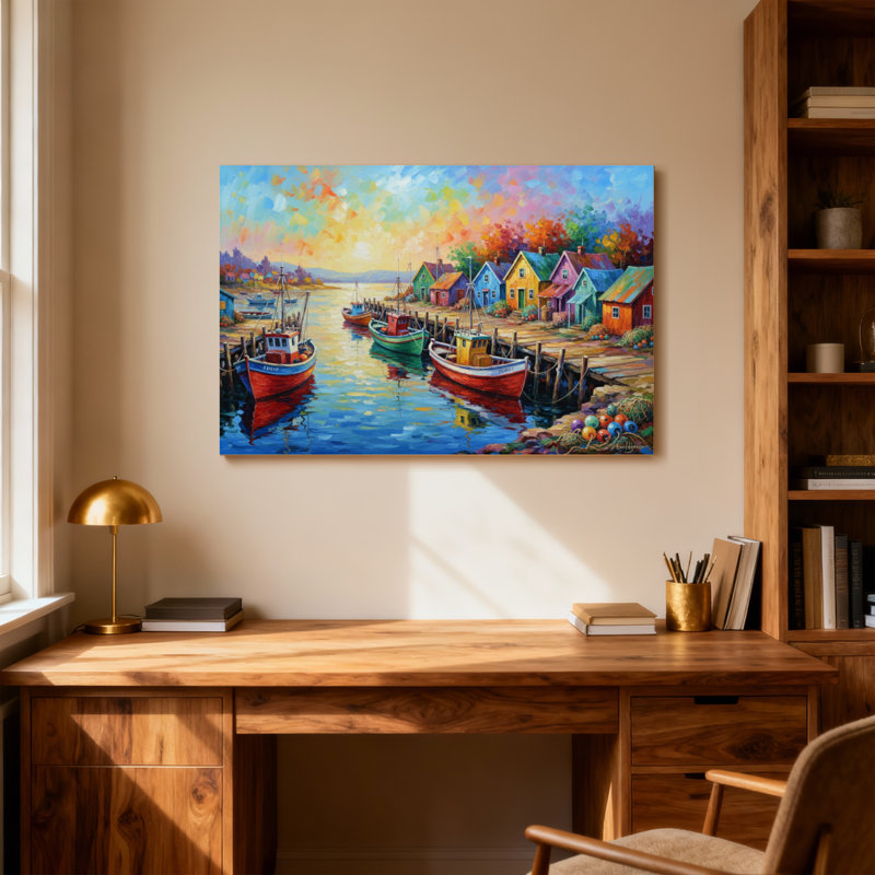 Paysage et nature Scène de port colorée avec bateaux et maisons, H 12 po x l 18 po