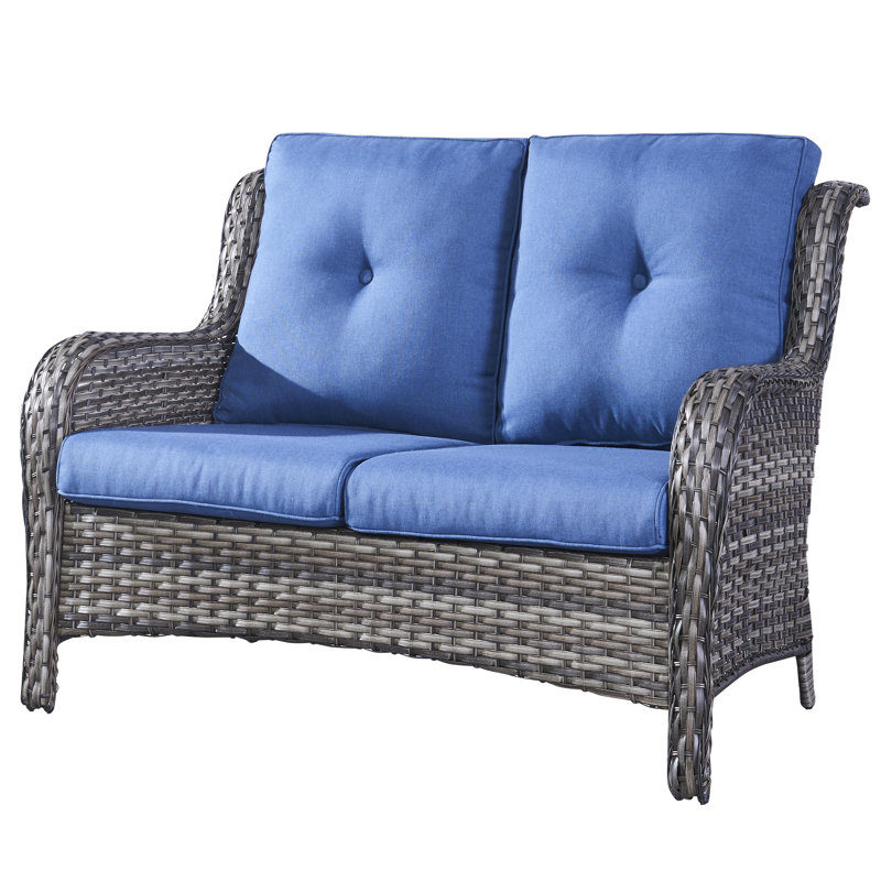 Tonry 53 " W Wicker Patio Sofa with Cushions, Blue, Gray