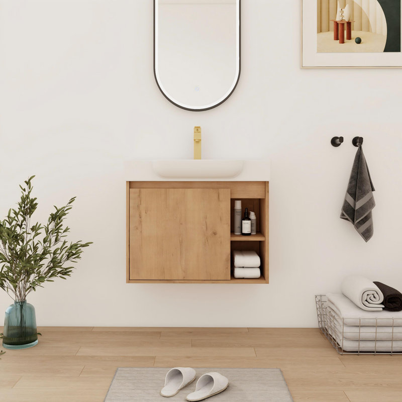 28'' Single Bathroom Vanity With Ceramic Top, Imitative Oak, 28"