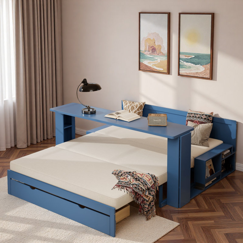 Lit de jour multifonctionnel avec tiroir de rangement, compartiments ouverts et table d'appoint hydraulique, Bleu