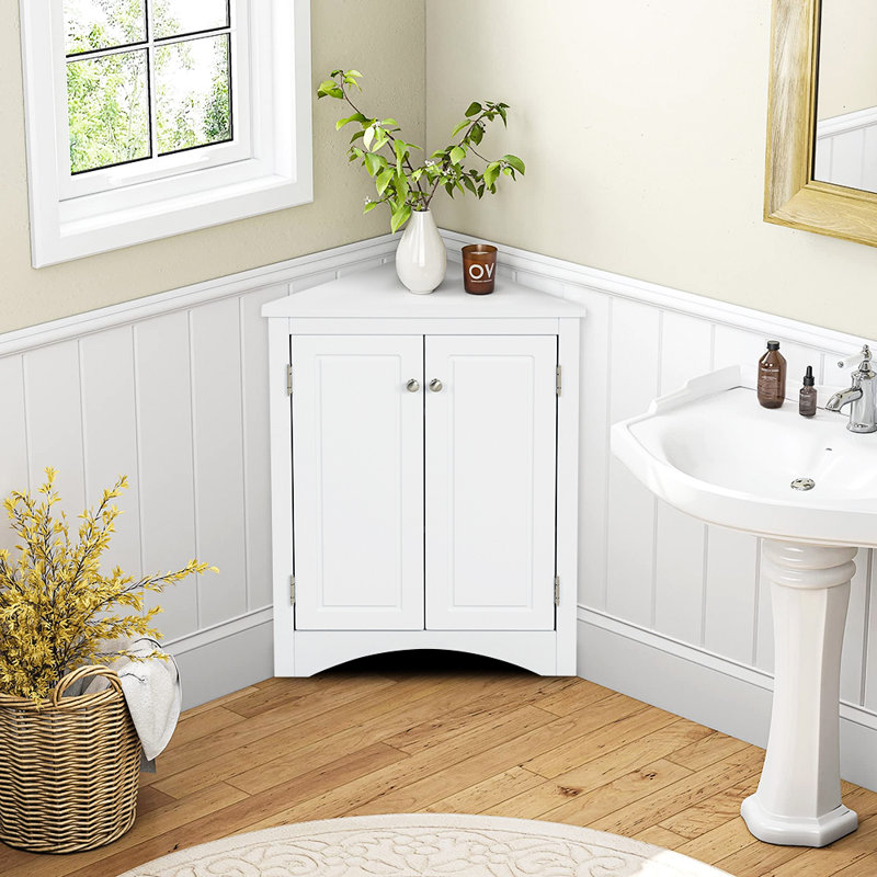 31.5"H Triangle Bathroom Storage Cabinet with Adjustable Shelves, White
