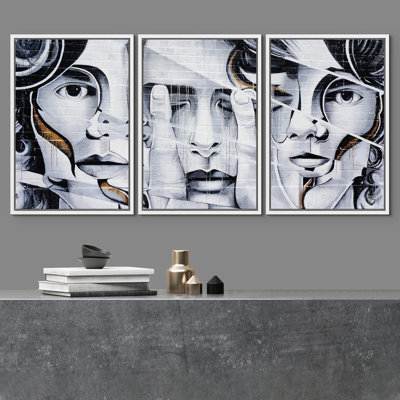 Peinture en aérosol géométrique, visages de briques, graffiti et bandes dessinées, art urbain, portrait moderne, portrait urbain, 3 pièces