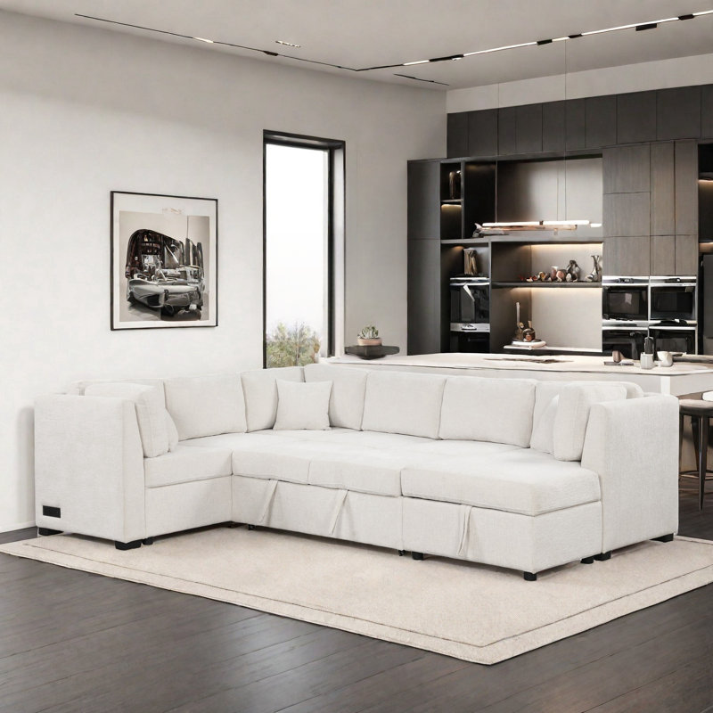 U-shaped Sectional Pull Out Sofa Bed With Two Usb Ports, Two Power Sockets, Three Back Pillows And A Storage Chaise