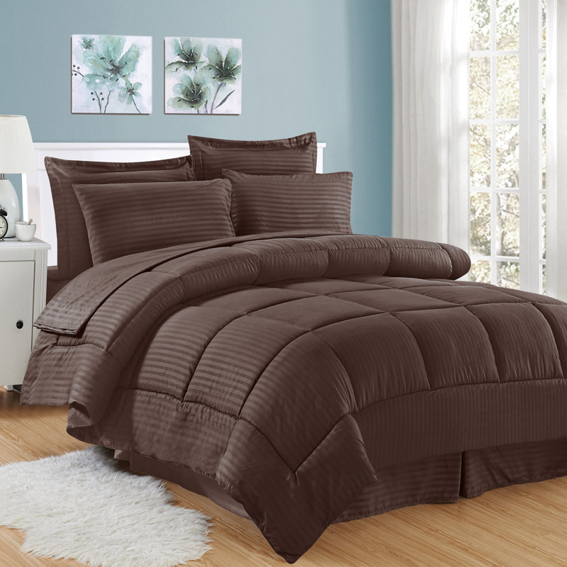 Dobby Stripe Embossed Bed In a Bag Comforter Set, Chocolate, King Comforter + 7 Additional Pieces