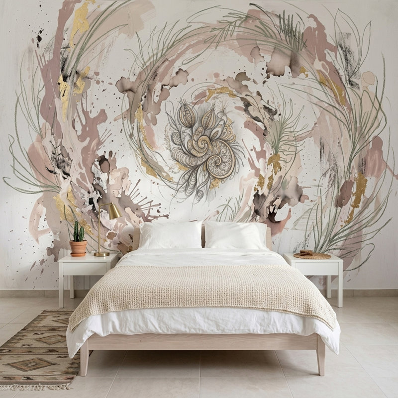 Abstrait aquarelle abstraite mandala floral tourbillon spirale murale, 200 po x 120 po, Non tissé