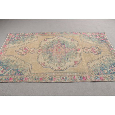 Vintage Turkish Anatolian Area Rug Beige Wool for Living Room Decor