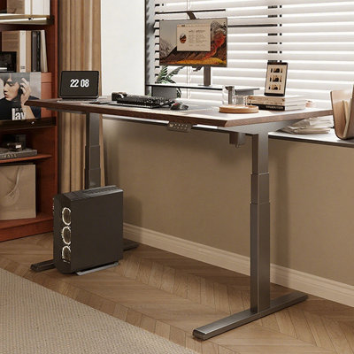 Brun noisette + bureau rectangulaire en bois massif noir réglable en hauteur + acier laminé à froid