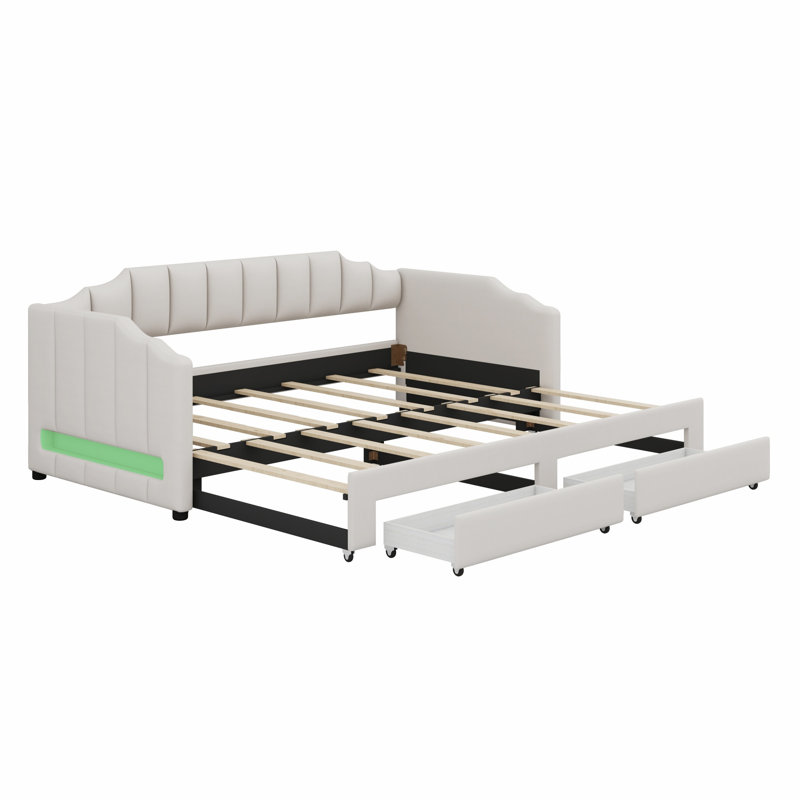 Lit de jour rembourré extensible avec tiroirs de rangement et lumière DEL, Beige