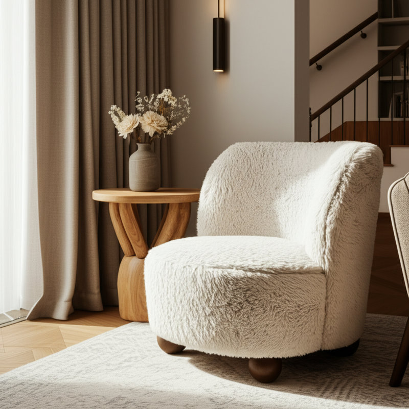Modern Wood Fabric Casual Home Chair with Rounded Backrest and Textured Upholstery Featuring Plush Cushion and Sturdy Base for Versatile Indoor Spaces