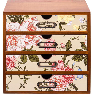 Vintage Desk Organizer with 4 Floral Drawers - Wooden Storage Drawers for Tabletop - 4-Tier Wood Desktop Organizing Cabinet - Cute Drawer Unit, Black and White Rose Design