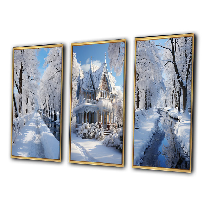 «Winter Snowy Serenity», 3 pièces sur toile, Encadrement doré, H 20 po x l 12 po