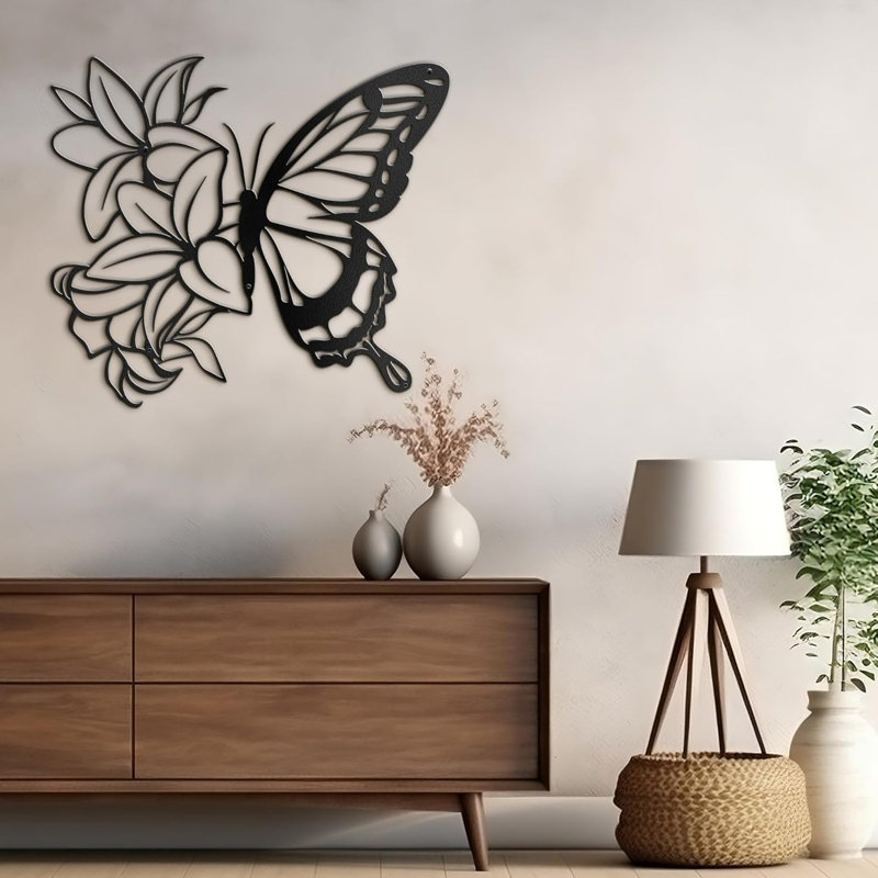Décoration murale en métal papillon et fleurs, décoration murale abstraite moderne minimaliste, H 18 po x l 18 po x P 0,05 po