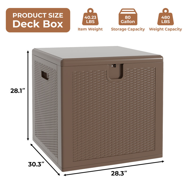 80 gal Outdoor Storage Box, Large Waterproof Resin Deck Box Indoor Outdoor Use, Lockable UV Resistant Storage Bin for Patio, Garden, Cushions, Tools