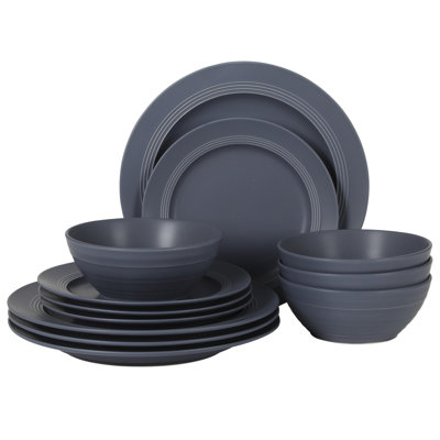 Gibson Elite Infinity 12 Piece Echo Blue Stoneware Dinnerware Set For 4, Plates And Bowls Set With Dinner Plates,