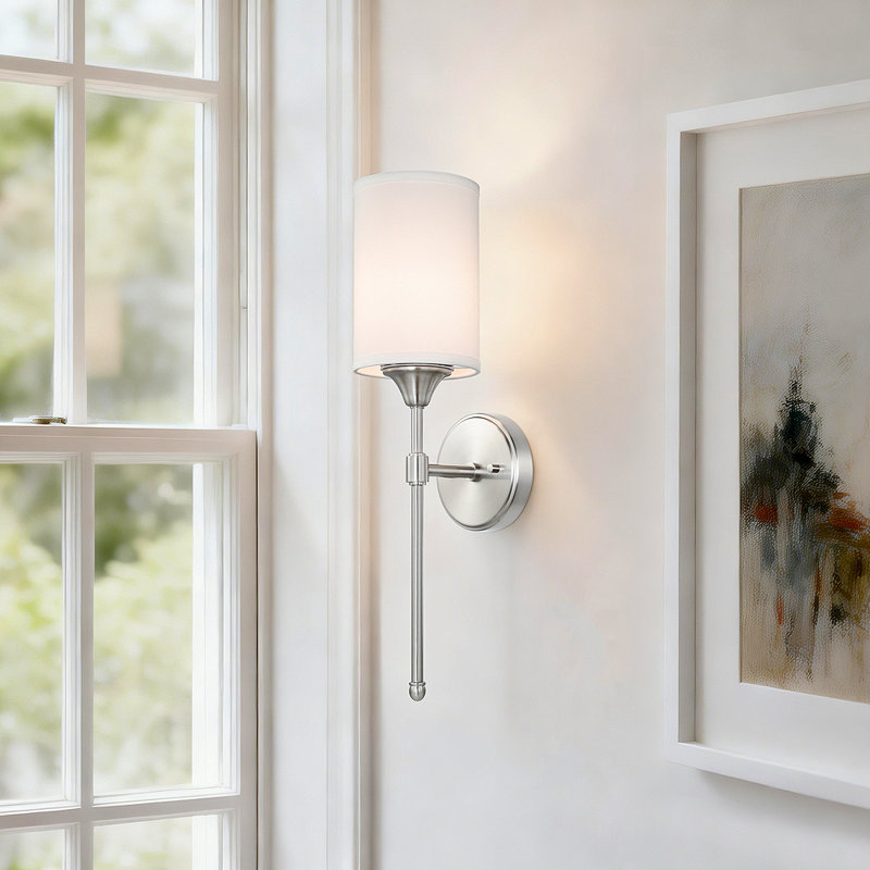 Anntoinette Wall Sconce Lighting, Vintage 1 Light Bathroom Sconce Vanity Light With Fabric Shade, Brushed Nickel