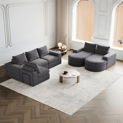 Canapé modulaire en L chenille courbé en forme de L avec méridienne, 4 pour le salon et la chambre à coucher, six modules, sans assemblage, gris, coussins rembourrés en éponge à haute résilience, deux coussins,
