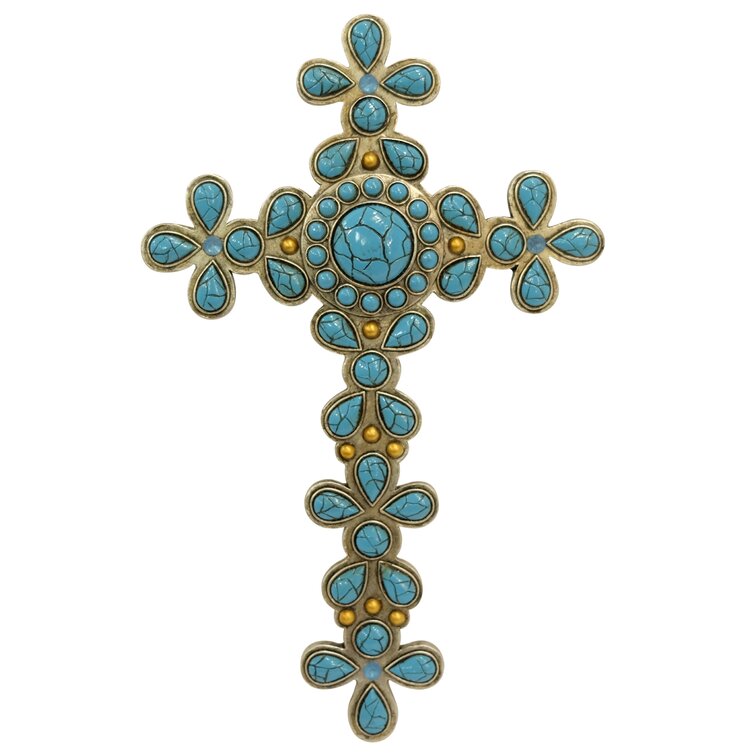 Polyresin Ornate Silver Cross with Turquoise Pendant Accent Hanging Wall Cross Décor