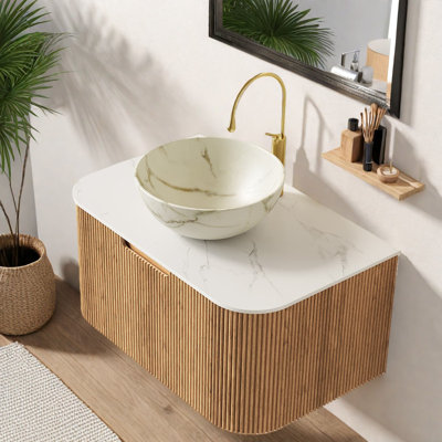 Space-saving Floating Vanity Cabinet And Sink, Wood Grain Modern Design