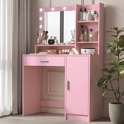 Vanity Desk with LED Mirror, Large Drawer, and 3-Tier Storage Shelf  3 Lighting Modes