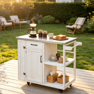 Îlot de cuisine en bois de sapin blanc, chariot de station de préparation verrouillable avec plateau en acier inoxydable, grand support à épices pour serviettes de cuisine d'extérieur