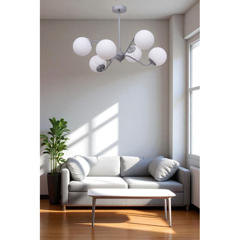 Elegant Adjustable Chandelier, Metal Body & Glass Cap, 15 x 15 cm (5.9 x 5.9 in) | Total Height: 15.7 - 23.6 in | 6 x E27 Socket, Max 40W | Stylish White & Grey Design, Perfect for Dining Room & Living Spaces