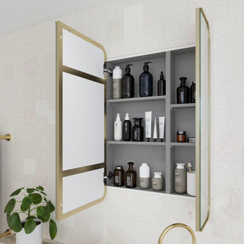Recessed Frameless Dual Door Medicine Cabinet with Adjustable Shelves, Satin Brass
