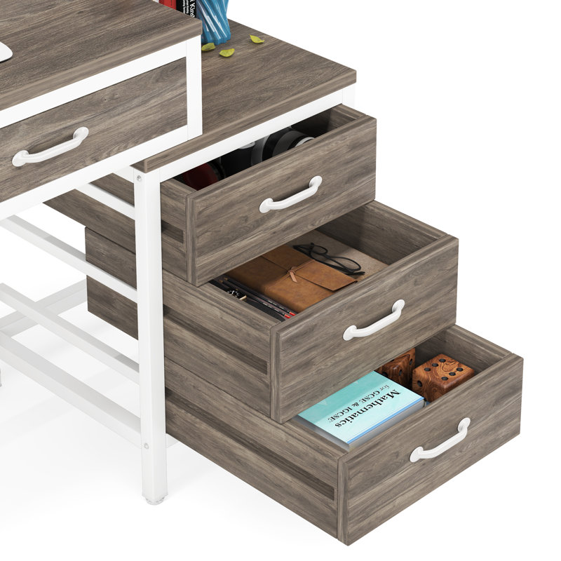 51''W Reversible Desk with Drawers, Light Gray/White