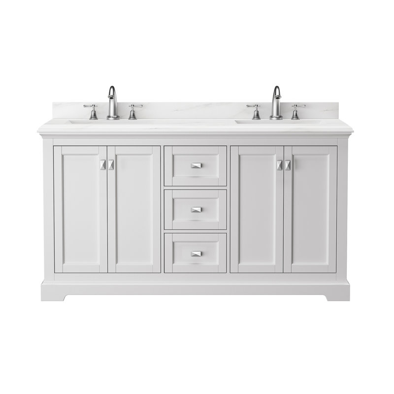 60'' White Double Freestanding Bathroom Vanity with Marble Top