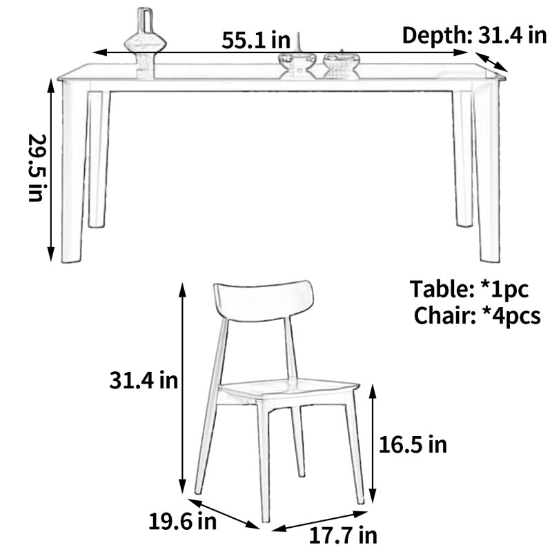 Simple table rectangulaire et chaise, H 29,5 po x L 55,1 po x l 31,4 po