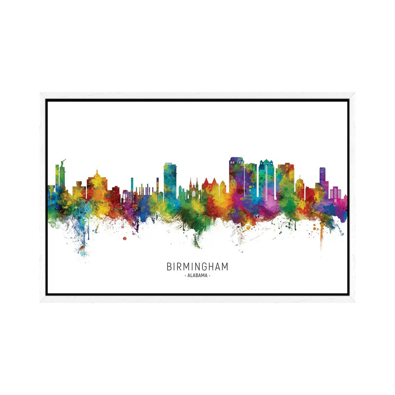 Birmingham Alabama Skyline City Name by Michael Tompsett - Print on Canvas, White Floater Framed