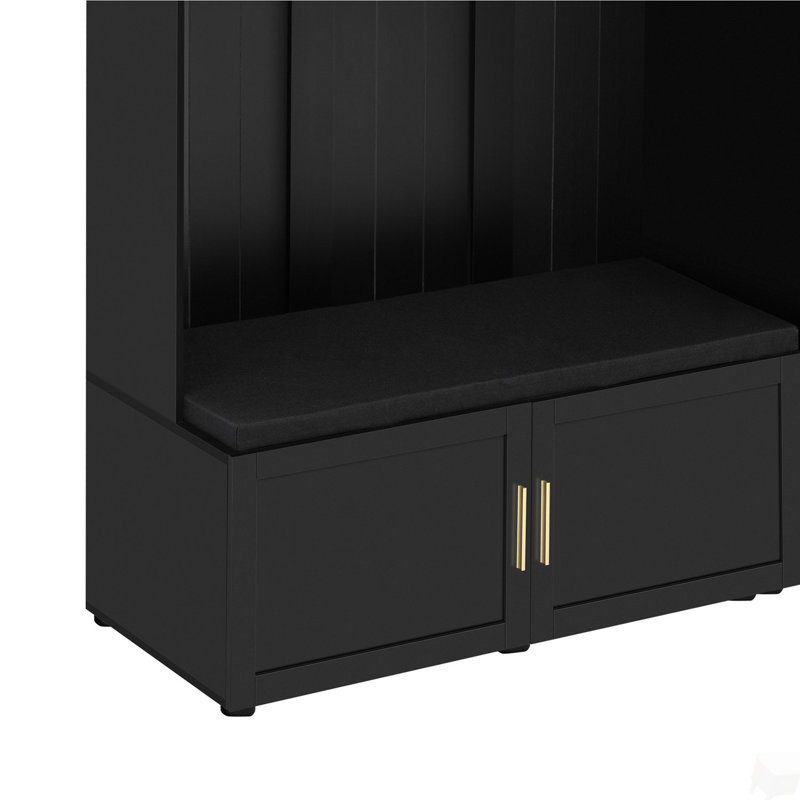 American Style 4-in-1 Hall Tree with Padded Bench, 4 Hooks, and Multi-Tier Storage Shelves, Antique Black