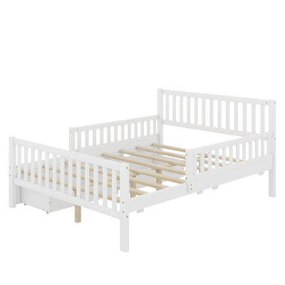 Lit plateforme double en bois avec garde-corps et 2 tiroirs