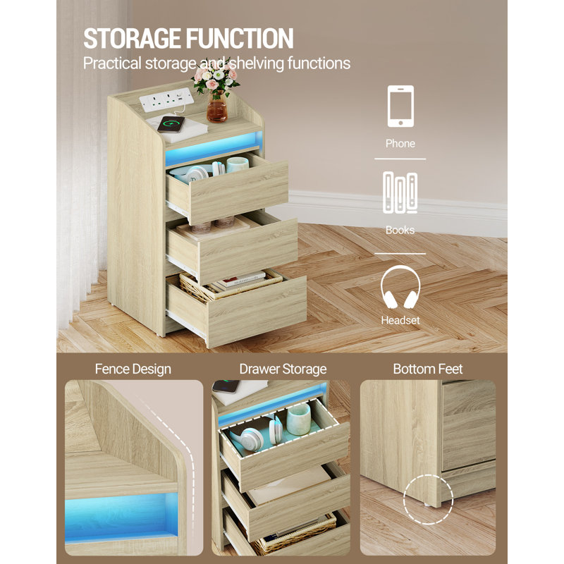 Bedside Table with 3 Drawers, Bedside Cabinet, Side Table with Charging Station and LED, 2 AC and 2 USB Ports, Nightstand for Bedroom, Living Room, End tables 